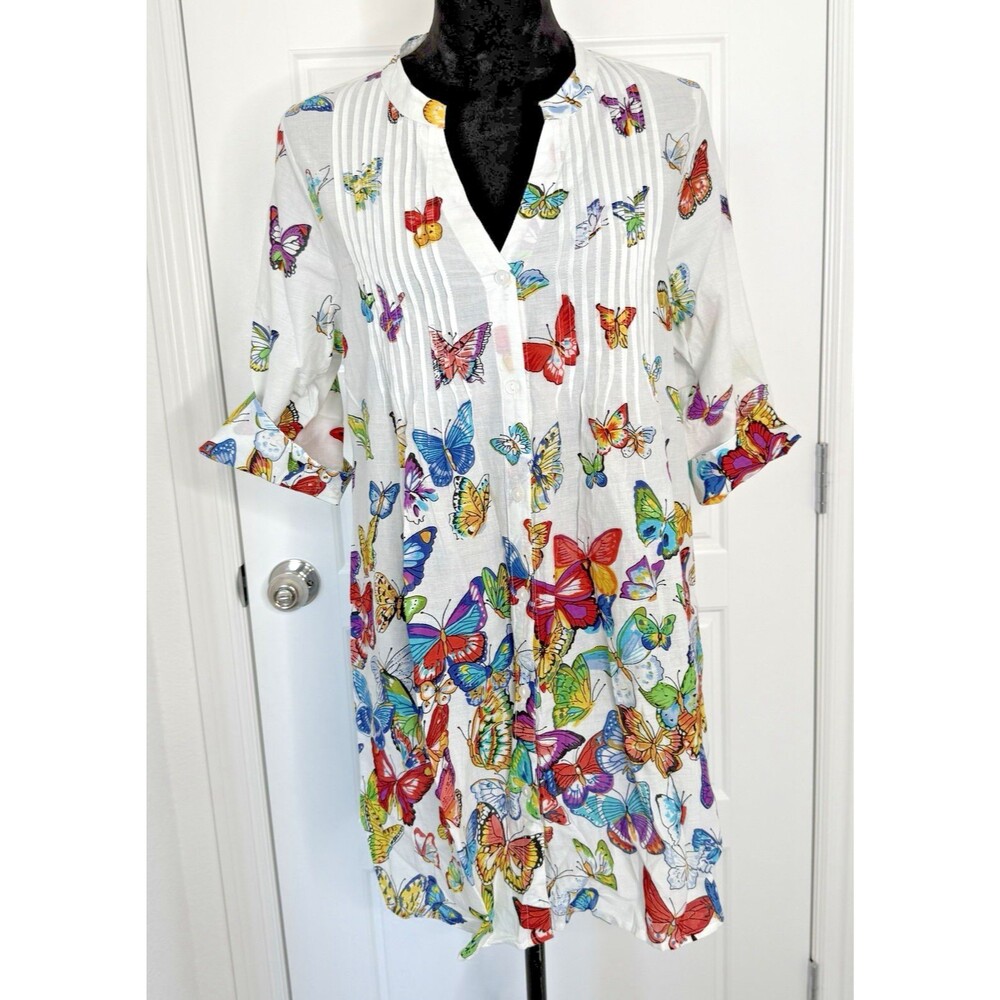 La Cera Butterfly Garden Tunic M White Cotton Voile Button Front 3/4 Sleeve